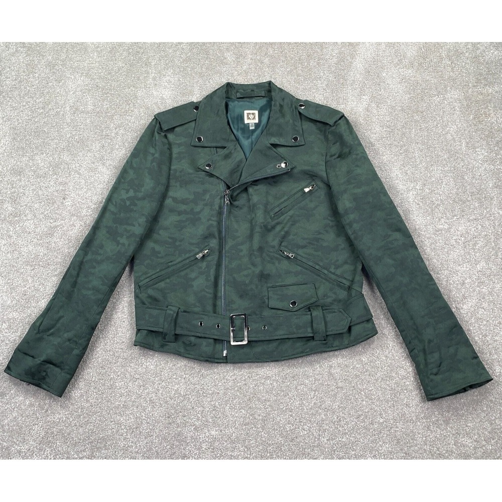 Anne Klein Women's Camo Full Zip Up Biker Jacket‎ Belt Buckle Size 14 Army Green